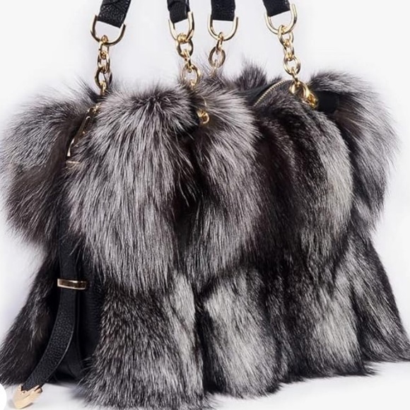 Luxury Real Fox Fur Handbag  Furry Shoulder Bag Purse Black - Picture 3 of 10